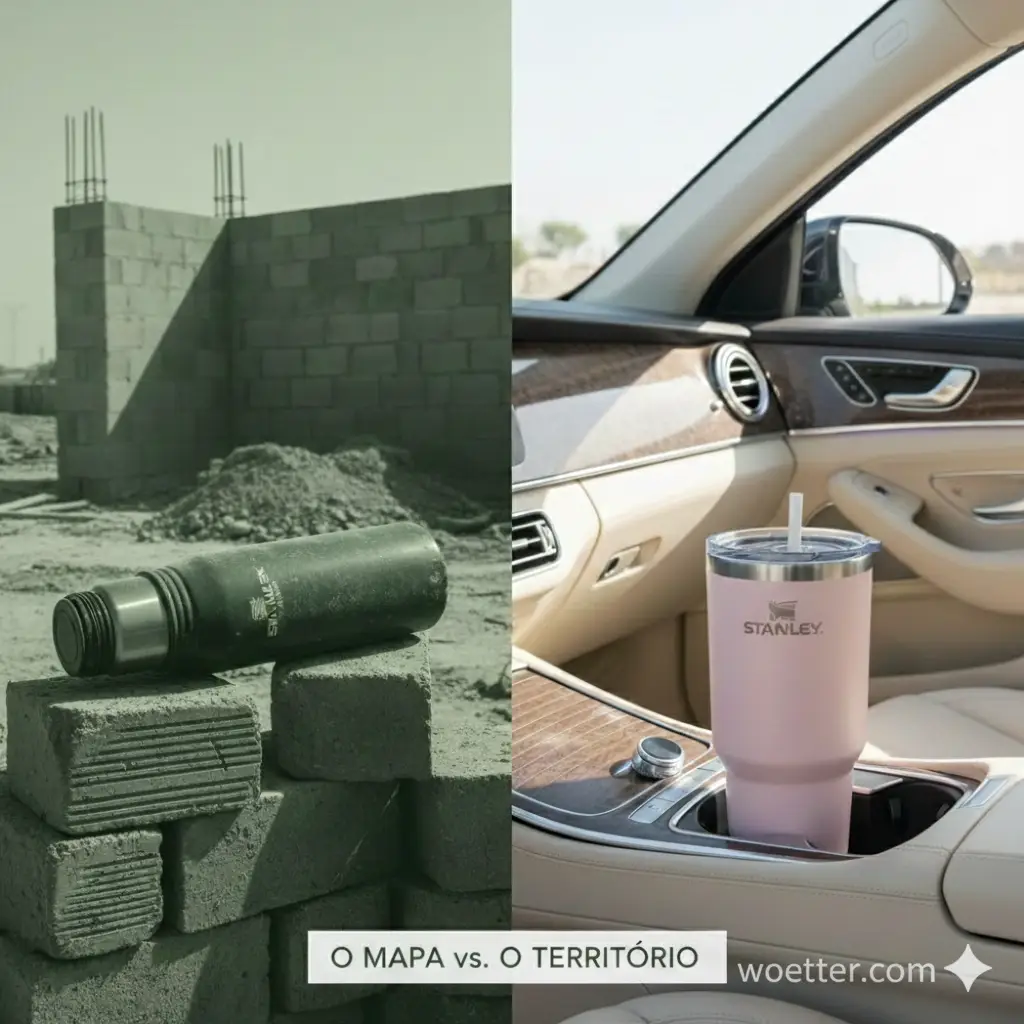 Fotomontagem dividida verticalmente comparando duas realidades distintas. À esquerda, uma garrafa térmica Stanley verde escura e robusta está caída sobre uma pilha de blocos de concreto em um canteiro de obras cinzento e inacabado. À direita, uma garrafa térmica Stanley rosa pastel está posicionada de forma imaculada no porta-copos de um carro de luxo com interior em couro bege. Na parte inferior, uma faixa de texto diz: "O MAPA vs. O TERRITÓRIO".