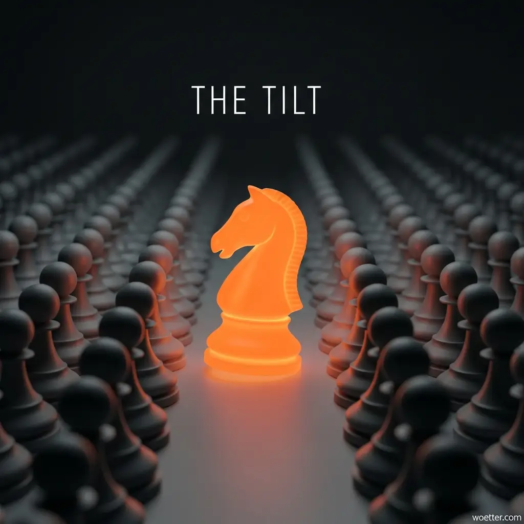 Ilustração digital 3D de alto contraste. No centro, uma peça de xadrez (o cavalo) brilha intensamente em laranja neon, destacando-se em meio a várias fileiras de peões pretos, idênticos e foscos, que se estendem e desaparecem no fundo escuro. Acima do cavalo, o título 'THE TILT' em letras brancas, finas e maiúsculas.