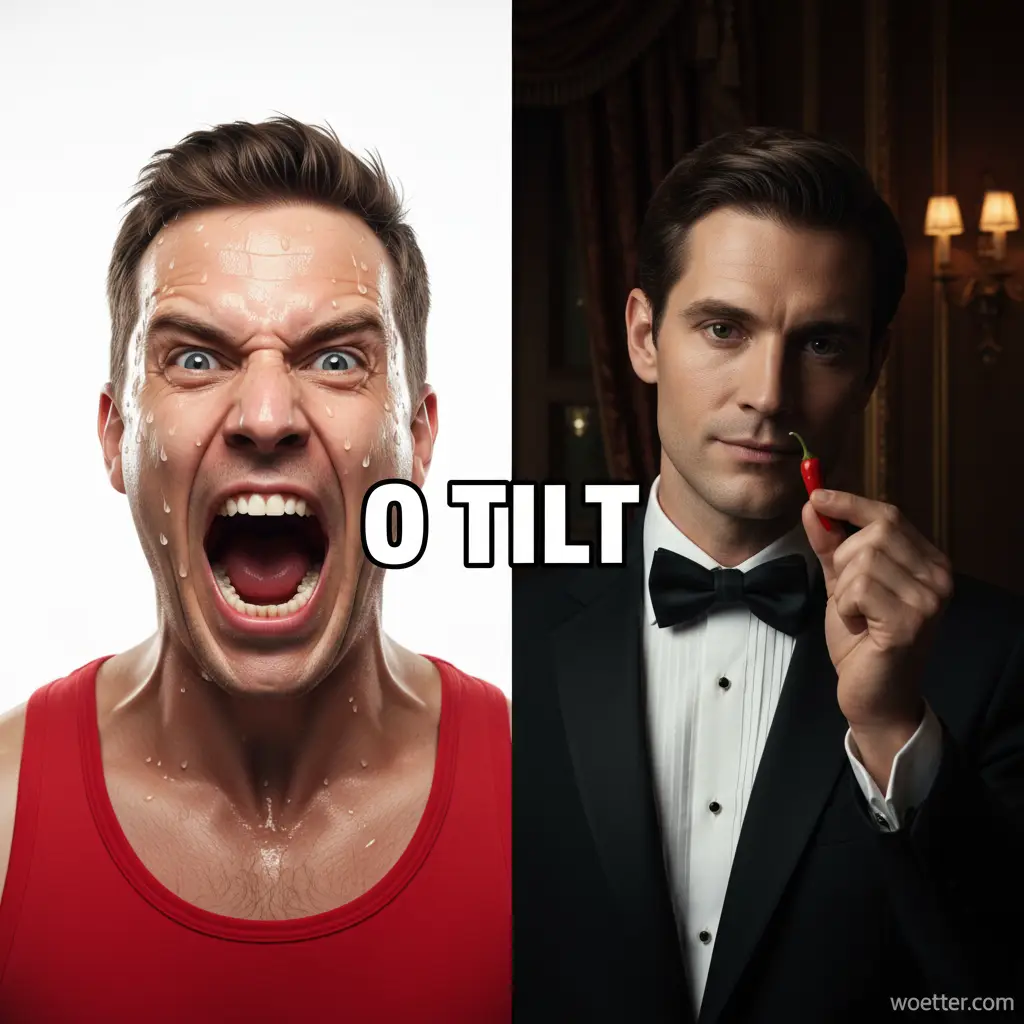 Imagem dividida verticalmente com o texto 'O TILT' centralizado. À esquerda, sobre fundo branco, um homem vestindo regata vermelha grita expressivamente, com o rosto muito suado e veias saltadas. À direita, em contraste, um homem elegante de smoking preto sobre fundo escuro e luxuoso segura delicadamente uma pequena pimenta vermelha, mantendo uma expressão calma e sofisticada.