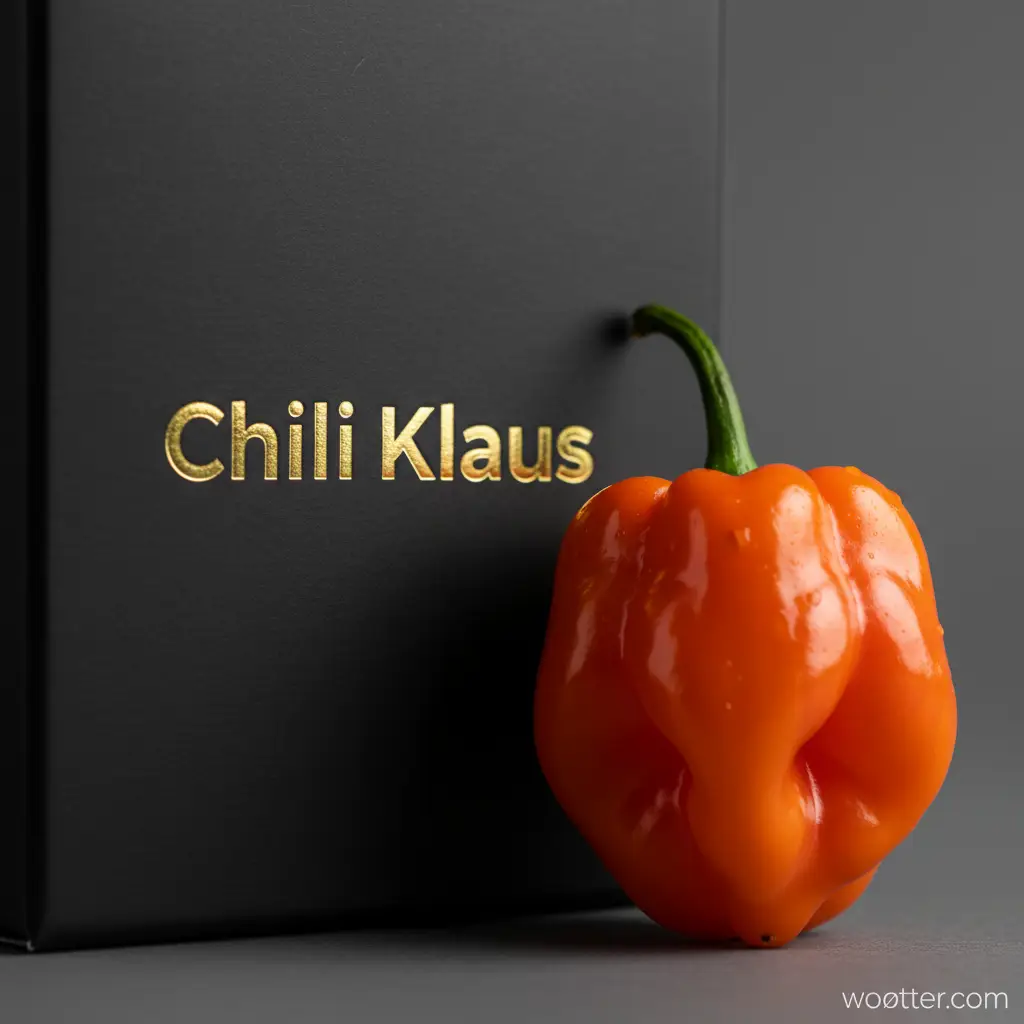 Fotografia em close-up de uma embalagem sofisticada. À esquerda, vê-se parte de uma caixa preta fosca com o nome 'Chili Klaus' gravado em letras douradas brilhantes. Encostada à direita da caixa, destaca-se uma pimenta inteira de cor laranja vibrante (semelhante a uma habanero), com textura irregular e brilhante, e um talo verde curvo no topo. O fundo é cinza neutro. 