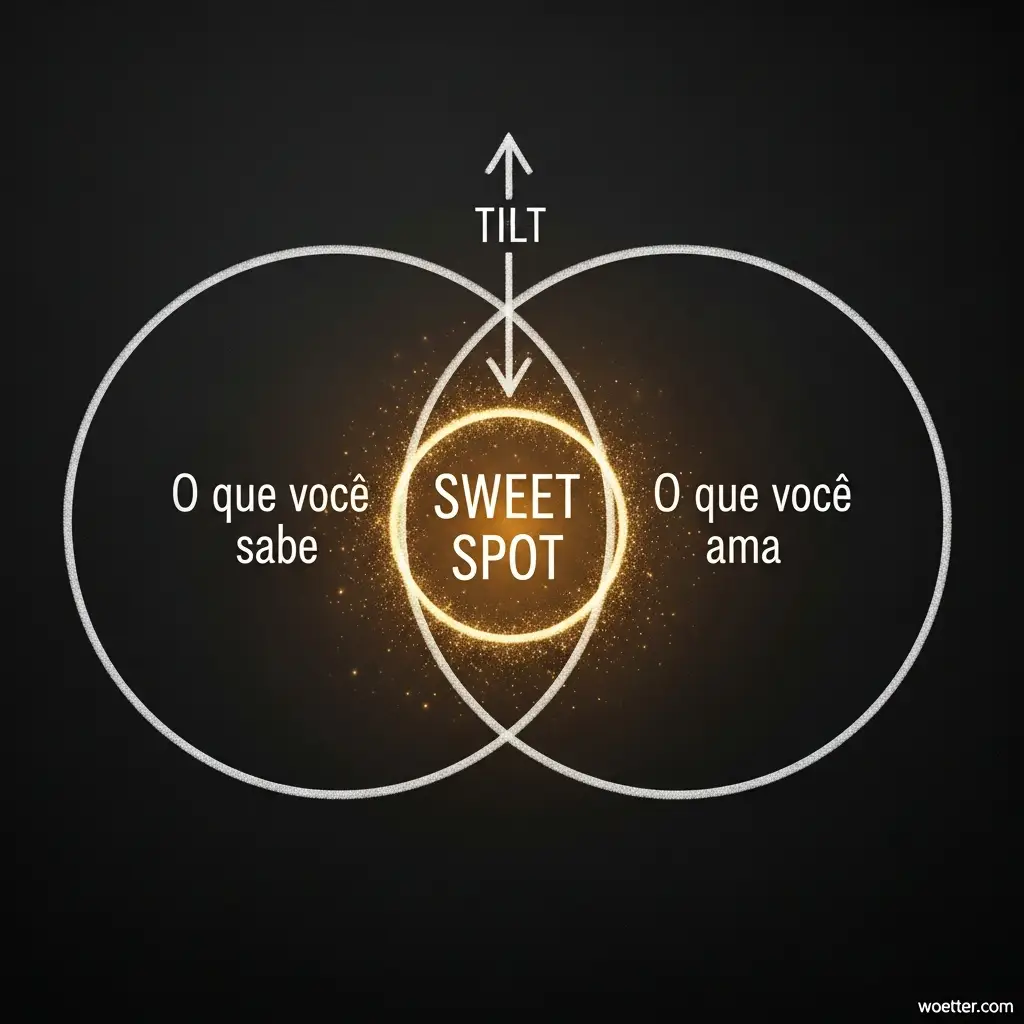 Ilustração de um diagrama de Venn desenhado com traços brancos estilo giz sobre um fundo preto. O círculo da esquerda contém o texto 'O que você sabe' e o da direita 'O que você ama'. A interseção central brilha intensamente com partículas douradas e destaca a frase 'SWEET SPOT'. Acima do centro, a palavra 'TILT' aparece acompanhada de uma seta apontando para cima.
