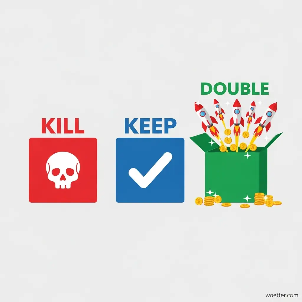 Ilustração vetorial minimalista sobre fundo branco, mostrando três conceitos estratégicos lado a lado. À esquerda, a palavra vermelha 'KILL' paira sobre um quadrado vermelho contendo o ícone de uma caveira branca. No centro, a palavra azul 'KEEP' está acima de um quadrado azul com um sinal de verificação ('check') branco. À direita, a palavra verde 'DOUBLE' destaca-se sobre uma caixa verde aberta, de onde saem vários foguetes vermelhos disparando para cima junto com moedas douradas.