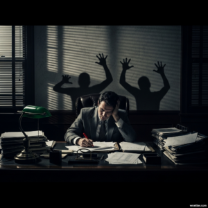 Ilustração dramática de um escritório mal iluminado. Um homem de terno senta-se à mesa, cercado por altas pilhas de papel, com a mão na cabeça demonstrando exaustão ou preocupação. A luz que entra pelas persianas à esquerda projeta sombras na parede atrás dele que não correspondem à sua postura: são silhuetas escuras de figuras com os braços levantados e dedos esticados, sugerindo pânico ou desespero interior. Sobre a mesa, há uma clássica luminária verde.