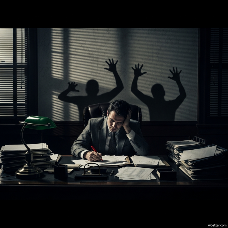 Ilustração dramática de um escritório mal iluminado. Um homem de terno senta-se à mesa, cercado por altas pilhas de papel, com a mão na cabeça demonstrando exaustão ou preocupação. A luz que entra pelas persianas à esquerda projeta sombras na parede atrás dele que não correspondem à sua postura: são silhuetas escuras de figuras com os braços levantados e dedos esticados, sugerindo pânico ou desespero interior. Sobre a mesa, há uma clássica luminária verde.