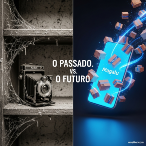 Imagem dividida verticalmente com o texto central 'O PASSADO. VS. O FUTURO'. O lado esquerdo, em tons de cinza e sépia, mostra uma câmera fotográfica antiga da marca Kodak, estilo fole, abandonada em uma prateleira de madeira coberta por espessas teias de aranha e poeira. O lado direito, vibrante e futurista, exibe um smartphone inclinado com a tela azul brilhante mostrando o logotipo 'Magalu'; dele saem rastros de luz azul neon e várias caixas de papelão flutuantes (encomendas), sugerindo velocidade e tecnologia.