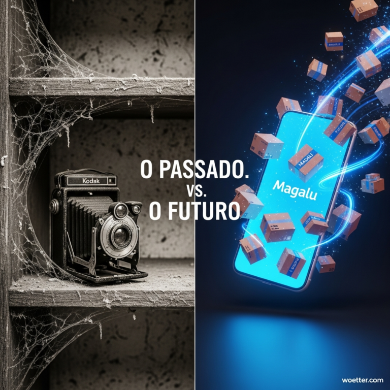 Imagem dividida verticalmente com o texto central 'O PASSADO. VS. O FUTURO'. O lado esquerdo, em tons de cinza e sépia, mostra uma câmera fotográfica antiga da marca Kodak, estilo fole, abandonada em uma prateleira de madeira coberta por espessas teias de aranha e poeira. O lado direito, vibrante e futurista, exibe um smartphone inclinado com a tela azul brilhante mostrando o logotipo 'Magalu'; dele saem rastros de luz azul neon e várias caixas de papelão flutuantes (encomendas), sugerindo velocidade e tecnologia.