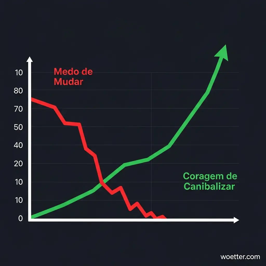 Gráfico de linhas sobre fundo escuro ilustrando duas tendências opostas. Uma linha vermelha descendente, legendada 'Medo de Mudar', começa alta à esquerda e cai irregularmente até chegar a zero. Em contraste, uma linha verde ascendente, legendada 'Coragem de Canibalizar', começa no zero à esquerda e sobe exponencialmente, terminando com uma seta apontando para o alto no canto direito.