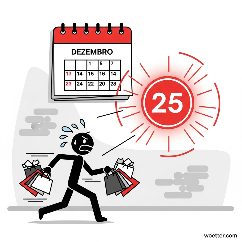 Ilustração vetorial cômica sobre a pressa de fim de ano. Um boneco estilo 'palito' corre desesperadamente para a esquerda, carregando várias sacolas de compras e suando de nervosismo. Acima dele, um calendário marca o mês de 'DEZEMBRO', e ao lado, um grande círculo vermelho brilhante destaca o número '25', emitindo raios como um alarme ou um sol intenso, indicando a urgência do Natal