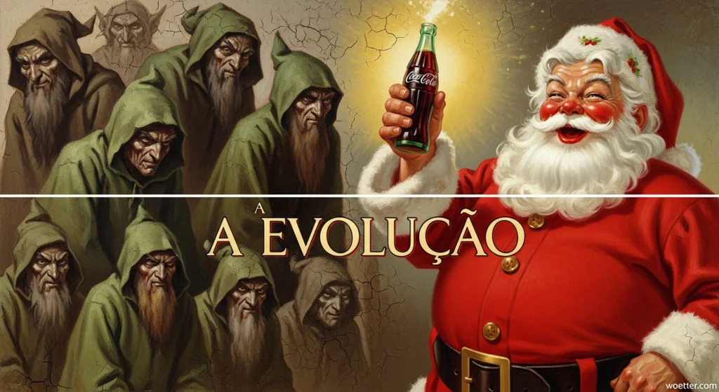 Ilustração artística dividida pelo título central 'A EVOLUÇÃO'. O lado esquerdo mostra a representação antiga de duendes natalinos: figuras ranzinzas e sombrias vestindo túnicas verdes com capuzes, lembrando gnomos do folclore antigo. O lado direito contrasta com a imagem moderna e comercial criada pela Coca-Cola: um Papai Noel gordo, alegre e corado, vestindo vermelho vibrante e segurando uma garrafa de refrigerante que brilha, simbolizando a transformação amigável do personagem