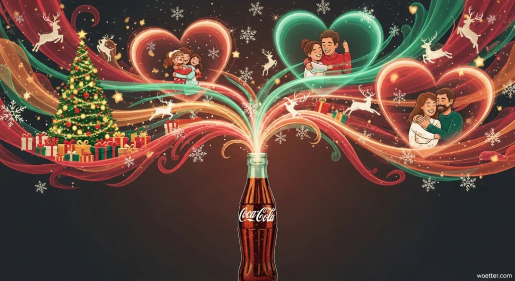 Ilustração publicitária natalina sobre fundo escuro. No centro inferior, uma garrafa de vidro clássica da Coca-Cola serve como fonte de uma explosão mágica. Do gargalo saem faixas de luz onduladas que formam três grandes corações flutuantes, contendo cenas de casais e famílias se abraçando. A composição é decorada com silhuetas de renas voadoras, flocos de neve e, à esquerda, uma árvore de Natal iluminada cercada por presentes