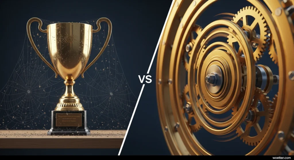 Uma imagem em tela dividida comparando dois conceitos visuais, separados pelo texto "VS" ao centro. À esquerda, um troféu dourado repousa sobre uma prateleira de madeira, coberto por poeira e densas teias de aranha, sugerindo abandono ou estagnação. À direita, em contraste, vê-se um close-up nítido de um mecanismo complexo de engrenagens douradas em movimento, brilhantes e limpas.