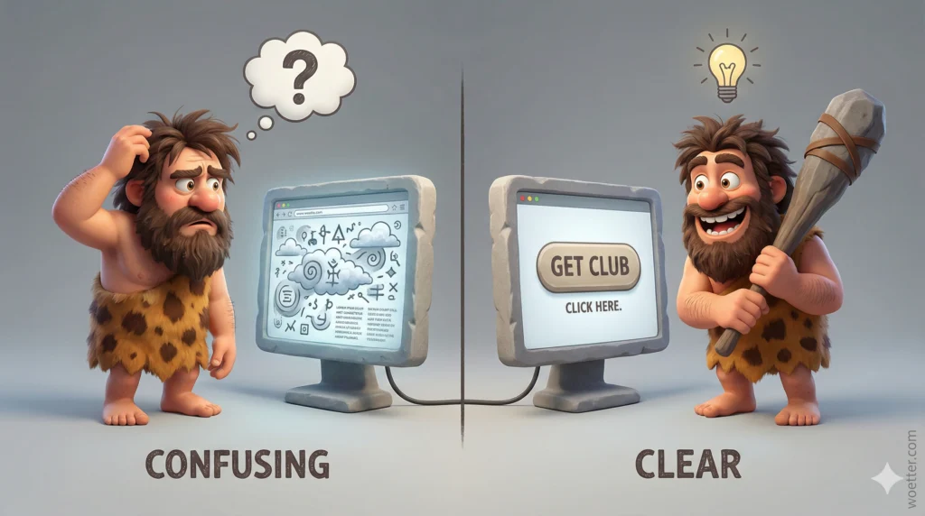 A split-screen 3D cartoon illustration comparing user interfaces. The left side, labeled "CONFUSING" at the bottom, shows a bewildered caveman scratching his head with a question mark thought bubble above him. He is staring at a stone monitor displaying cluttered, abstract symbols and scribbles. The right side, labeled "CLEAR", shows the same caveman smiling triumphantly while holding a large stone club over his shoulder. A lit lightbulb icon floats above his head, indicating understanding. He is looking at a stone monitor with a clean interface featuring a large button labeled "GET CLUB" and the text "CLICK HERE" below it.