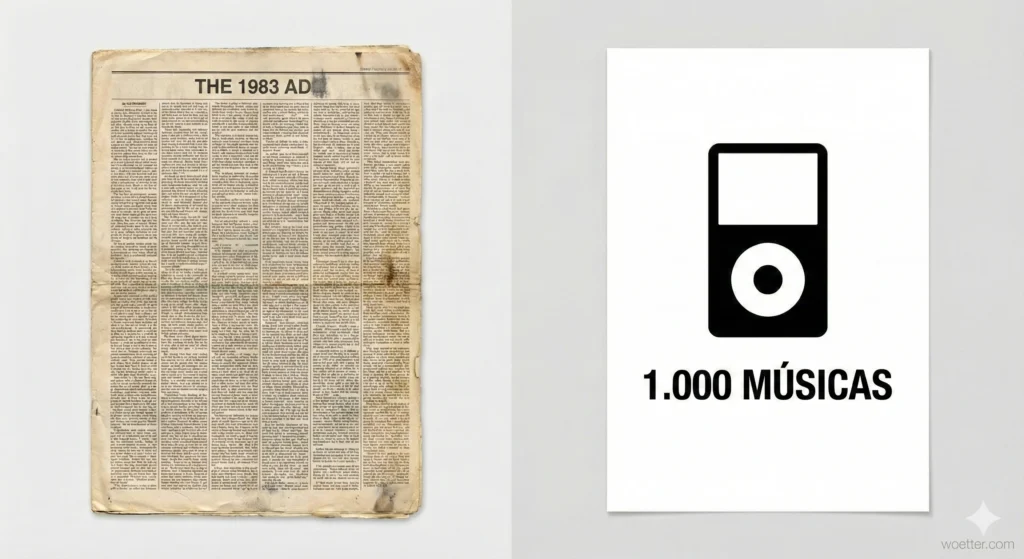 Uma imagem em tela dividida comparando mídias antigas e novas. À esquerda está uma página de jornal desgastada e amarelada com a manchete "THE 1983 AD" e colunas de texto denso e ilegível. À direita está um pôster minimalista branco e elegante, apresentando um ícone de silhueta preta de um iPod acima do texto preto em negrito "1.000 MÚSICAS".