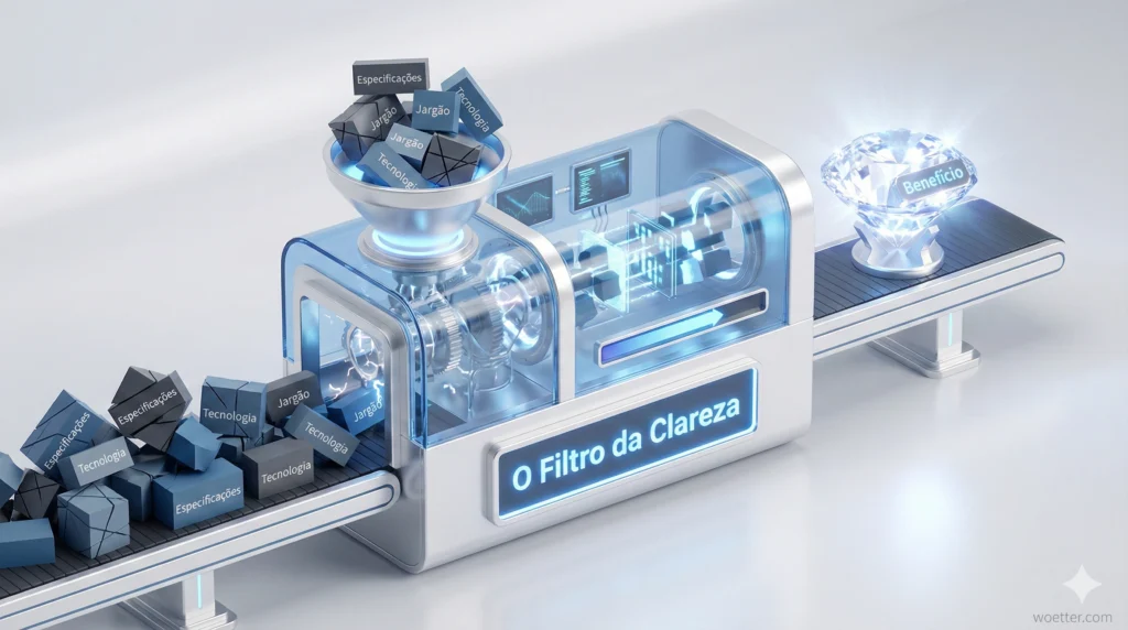 Uma ilustração 3D isométrica mostra uma máquina futurista e transparente em um ambiente de estúdio limpo. No topo da máquina, um letreiro luminoso azul lê "O Filtro da Clareza". À esquerda, uma esteira transportadora leva uma pilha de blocos geométricos cinza-escuros e desorganizados, rotulados com palavras em português como "Especificações", "Jargão" e "Tecnologia", para dentro de um funil no topo da máquina. A máquina é feita de vidro azul e metal prateado, com engrenagens internas, circuitos e luzes azuis brilhantes que mostram o processo de transformação. À direita, uma esteira de saída transporta um grande diamante multifacetado, brilhando com luz azul e branca, com a palavra "Benefício" gravada em azul em sua superfície. O diamante emite um brilho intenso. A imagem ilustra o processo de transformar informações complexas e desordenadas em um resultado claro e valioso.