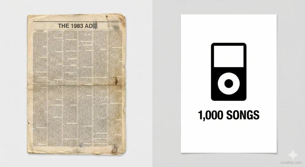 A split-screen image contrasting old and new media. On the left is a worn, yellowed newspaper page with the headline "THE 1983 AD" and columns of dense, illegible text. On the right is a sleek, white minimalist poster featuring a black silhouette icon of an iPod above the bold black text "1,000 SONGS".