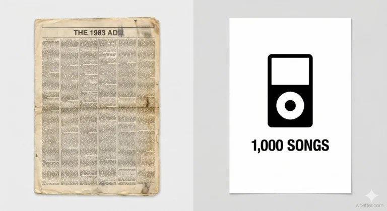 A split-screen image contrasting old and new media. On the left is a worn, yellowed newspaper page with the headline "THE 1983 AD" and columns of dense, illegible text. On the right is a sleek, white minimalist poster featuring a black silhouette icon of an iPod above the bold black text "1,000 SONGS".