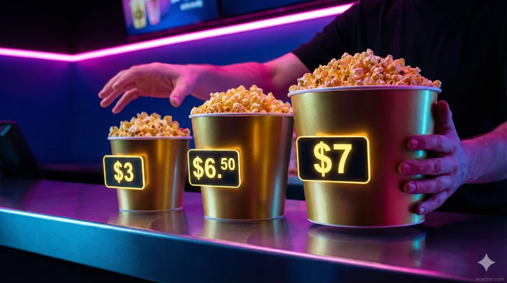 A photograph shows a concession stand counter with three golden buckets filled with popcorn, illuminated by pink and blue neon lights. On the left, a hand reaches over a small bucket labeled with a glowing digital sign reading "$3". In the center, a medium bucket is labeled "$6.50". On the right, a second hand firmly grasps a large bucket labeled "$7". The background is dark with blurry neon signage.