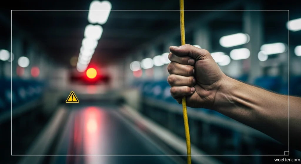 Foto em close-up mostrando a mão e o antebraço de uma pessoa segurando com firmeza uma corda amarela suspensa verticalmente. O braço, que entra pela direita, mostra veias saltadas, sugerindo tensão e força no agarre. O fundo está desfocado (efeito bokeh), retratando um ambiente industrial ou de túnel com luzes de teto e um sinal vermelho difuso ao fundo. Um pequeno ícone de alerta (triângulo amarelo com exclamação) flutua à esquerda.