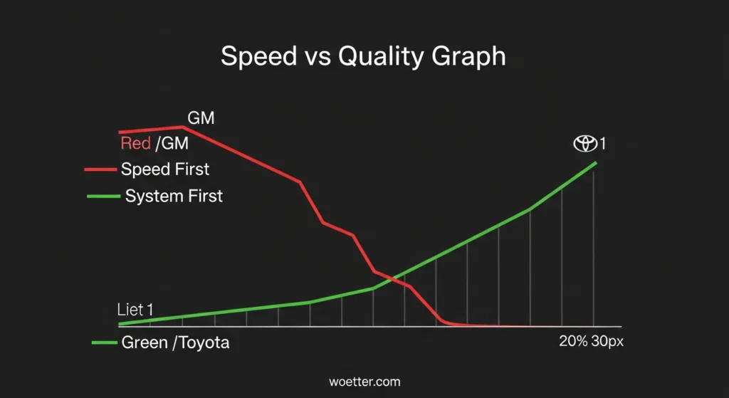 Um gráfico de linhas sobre fundo preto intitulado "Speed vs Quality Graph" (Gráfico de Velocidade vs. Qualidade). O gráfico compara duas abordagens:
​Uma linha vermelha (rotulada "Red / GM - Speed First") começa no topo do eixo Y, mas cai drasticamente ao longo do tempo até atingir quase zero.
​Uma linha verde (rotulada "Green / Toyota - System First") começa baixa, próxima ao eixo X, mas sobe consistentemente em uma curva ascendente, cruzando a linha vermelha e terminando no topo, onde há o logotipo da Toyota.
O gráfico ilustra visualmente que priorizar a "Velocidade Primeiro" leva ao declínio, enquanto "Sistema Primeiro" gera crescimento contínuo.