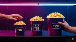 Uma fotografia de três baldes de pipoca de tamanhos diferentes alinhados em um balcão escuro de cinema. O balde pequeno à esquerda tem um rótulo com "R$ 10". O balde médio no centro tem um rótulo com "bait R$ 18". O balde grande à direita tem um rótulo com "R$ 20". Todos estão cheios de pipoca dourada. Uma mão esquerda hesita sobre o balde pequeno, enquanto uma mão direita agarra firmemente o balde grande. O fundo é escuro, iluminado por luzes de neon rosa e azul na parte superior.