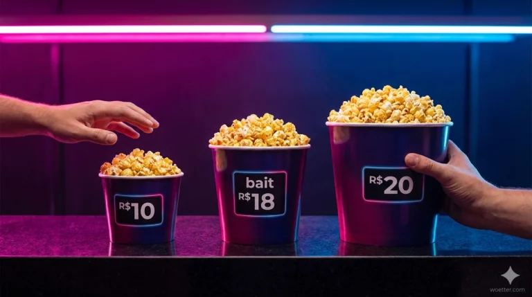 Uma fotografia de três baldes de pipoca de tamanhos diferentes alinhados em um balcão escuro de cinema. O balde pequeno à esquerda tem um rótulo com "R$ 10". O balde médio no centro tem um rótulo com "bait R$ 18". O balde grande à direita tem um rótulo com "R$ 20". Todos estão cheios de pipoca dourada. Uma mão esquerda hesita sobre o balde pequeno, enquanto uma mão direita agarra firmemente o balde grande. O fundo é escuro, iluminado por luzes de neon rosa e azul na parte superior.