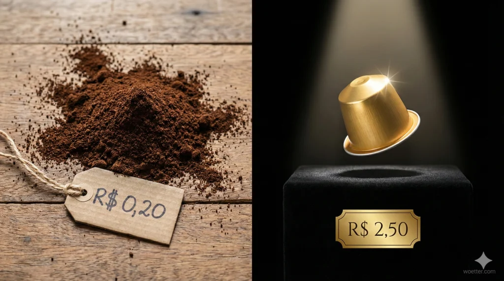 Esta imagem é uma composição em tela dividida, comparando duas formas de café e seus preços. No lado esquerdo, uma pilha de pó de café marrom escuro está derramada sobre uma superfície de madeira rústica, com uma etiqueta de papelão simples e amarrada com barbante que exibe o preço escrito à mão "R$ 0,20". No lado direito, uma única cápsula de café dourada e brilhante está posicionada sobre um pedestal de veludo preto, iluminada por um feixe de luz dramático que destaca sua aparência de joia. Uma etiqueta de preço dourada e elegante abaixo dela mostra "R$ 2,50". A imagem dramatiza a diferença de valor percebido e real entre o café moído a granel e uma única porção em cápsula de luxo.