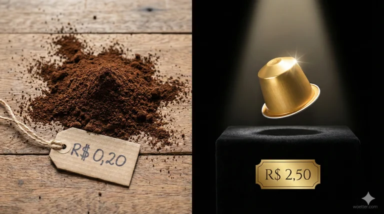 Esta imagem é uma composição em tela dividida, comparando duas formas de café e seus preços. No lado esquerdo, uma pilha de pó de café marrom escuro está derramada sobre uma superfície de madeira rústica, com uma etiqueta de papelão simples e amarrada com barbante que exibe o preço escrito à mão "R$ 0,20". No lado direito, uma única cápsula de café dourada e brilhante está posicionada sobre um pedestal de veludo preto, iluminada por um feixe de luz dramático que destaca sua aparência de joia. Uma etiqueta de preço dourada e elegante abaixo dela mostra "R$ 2,50". A imagem dramatiza a diferença de valor percebido e real entre o café moído a granel e uma única porção em cápsula de luxo.