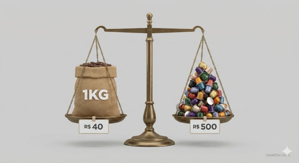 Esta imagem é uma ilustração infográfica 3D minimalista que compara o custo do café em grãos versus cápsulas. No centro, uma balança de pratos antiga de latão está perfeitamente equilibrada. No prato esquerdo, há um saco de aniagem grande e cheio de grãos de café, com a inscrição "1KG" em branco. Abaixo dele, uma etiqueta de preço mostra "R$ 40". No prato direito, há uma pilha cônica enorme com centenas de cápsulas de café coloridas (estilo Nespresso). Abaixo desta pilha, uma etiqueta de preço indica "R$ 500". A imagem demonstra visualmente que a quantidade de café é equivalente, mas o custo das cápsulas é significativamente maior. O fundo é um cinza claro neutro, e o estilo é limpo e moderno. No canto inferior direito, o texto 'woetter.com' aparece em uma fonte branca pequena e semitransparente.