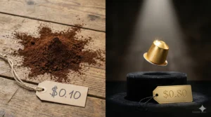 This image is a split-screen photograph comparing two presentations of coffee. The left half shows a messy pile of dark brown ground coffee powder spilled directly onto a rustic, worn wooden plank surface. A simple, rectangular cardboard price tag tied with twine rests near the pile, with "$0.10" handwritten in black marker. The lighting is natural and even. The right half is a high-contrast, luxurious shot. A single, gleaming gold Nespresso-style coffee capsule levitates magically above a black velvet pedestal. A focused beam of light from above makes the capsule sparkle. Below it, a polished gold metal price tag with engraved text reads "$0.80". The background is dark and out of focus, emphasizing the capsule as a premium product. The entire composition dramatizes the difference in perceived value between raw coffee and a packaged single-serving capsule.