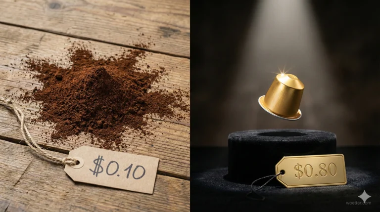 This image is a split-screen photograph comparing two presentations of coffee. The left half shows a messy pile of dark brown ground coffee powder spilled directly onto a rustic, worn wooden plank surface. A simple, rectangular cardboard price tag tied with twine rests near the pile, with "$0.10" handwritten in black marker. The lighting is natural and even. The right half is a high-contrast, luxurious shot. A single, gleaming gold Nespresso-style coffee capsule levitates magically above a black velvet pedestal. A focused beam of light from above makes the capsule sparkle. Below it, a polished gold metal price tag with engraved text reads "$0.80". The background is dark and out of focus, emphasizing the capsule as a premium product. The entire composition dramatizes the difference in perceived value between raw coffee and a packaged single-serving capsule.