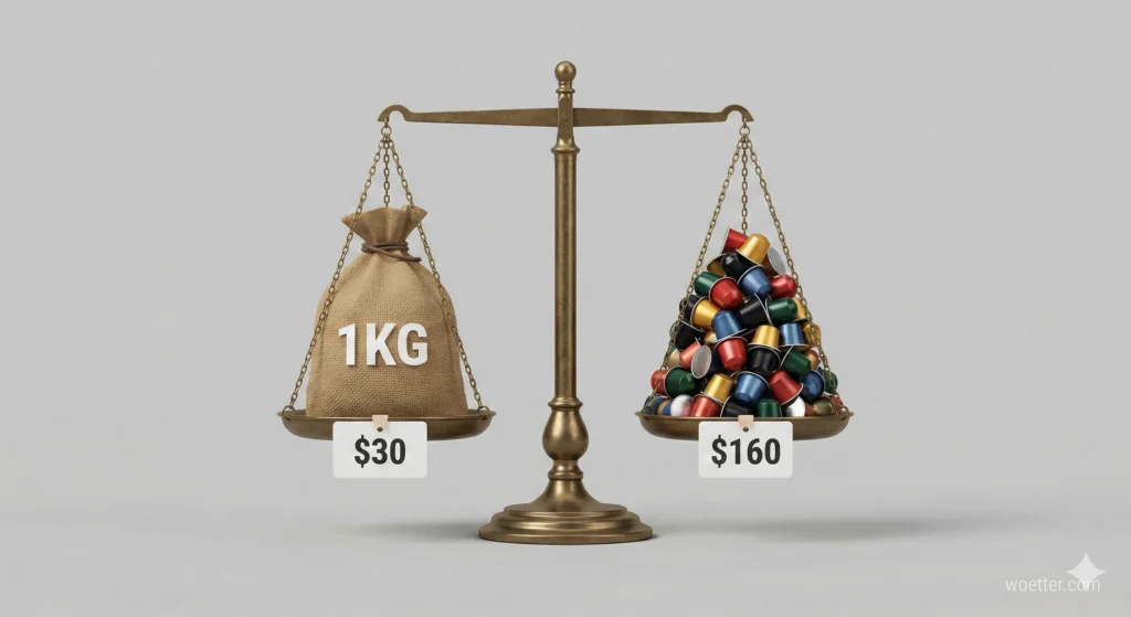 This image is a 3D rendered infographic illustrating a price comparison using a vintage brass balance scale. The scale is perfectly balanced in the center. On the left pan, there is a large burlap sack tied with a string, labeled "1KG" in white text. Below this pan hangs a price tag that reads "$30". On the right pan, there is a large, conical pile of many colorful, used coffee capsules (like Nespresso pods). Below this pan, a price tag reads "$160". The background is a plain, neutral light grey. The image visually demonstrates that while the weight is the same, the cost of coffee in capsules is significantly higher than coffee in a sack.