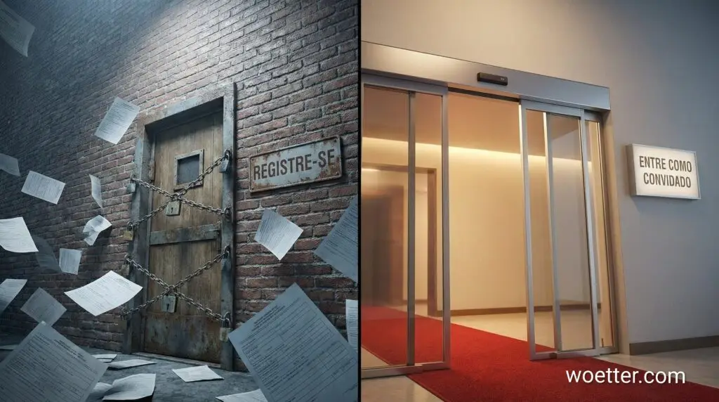 A imagem é uma composição em tela dividida que contrasta visualmente dois tipos de acesso.
O lado esquerdo, com uma iluminação fria e azulada, representa "Fricção". Mostra um muro de tijolos áspero e envelhecido com uma porta de metal pesada, enferrujada e trancada por várias correntes grossas e cadeados. Uma placa de metal enferrujada acima da porta diz "REGISTRE-SE". Dezenas de formulários de papel e documentos estão espalhados pelo chão e voando ao redor, sugerindo burocracia e obstáculos.
O lado direito, com uma iluminação quente e dourada, representa "Fluidez". Apresenta uma entrada moderna e limpa com uma porta automática de vidro deslizante que está aberta. Um tapete vermelho vibrante estende-se pelo chão, convidando à entrada. Uma placa iluminada e limpa na parede diz "ENTRE COMO CONVIDADO". O ambiente é acolhedor e desimpedido.
A divisão central acentua a diferença drástica entre a dificuldade e a burocracia do lado esquerdo e a facilidade e o acolhimento do lado direito.