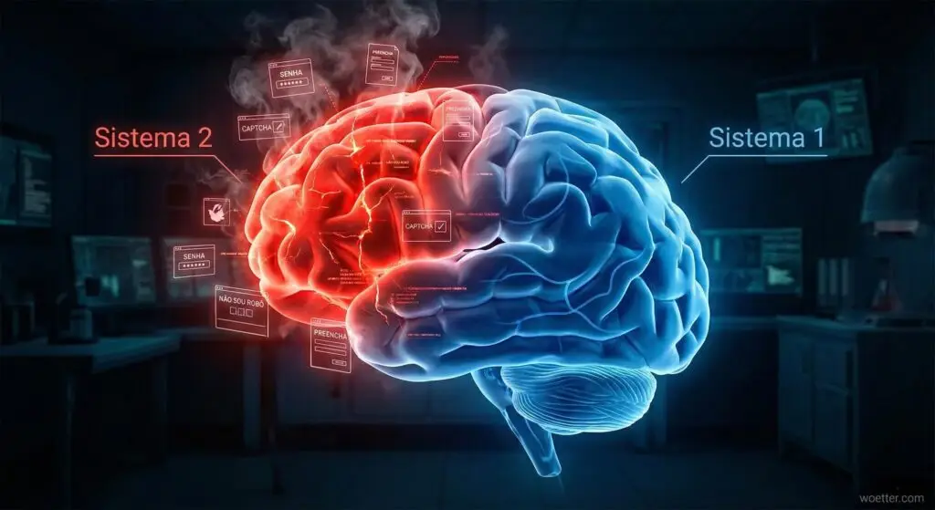 Ilustração digital estilizada de um cérebro humano de perfil, flutuando em um ambiente de laboratório escuro e tecnológico. O cérebro está dividido visualmente em duas zonas contrastantes para representar a carga cognitiva.
​A parte frontal (córtex pré-frontal), identificada por uma linha guia como "Sistema 2", brilha em vermelho incandescente, com rachaduras luminosas e fumaça subindo, simbolizando superaquecimento e esforço mental intenso. Ao redor desta área vermelha, flutuam ícones holográficos de fricção digital, como campos de "Senha", caixas de "Captcha" e formulários de "Não sou um robô".
​A parte posterior do cérebro, identificada como "Sistema 1", é representada em tons de azul frio e suave, com uma estrutura intacta e calma.