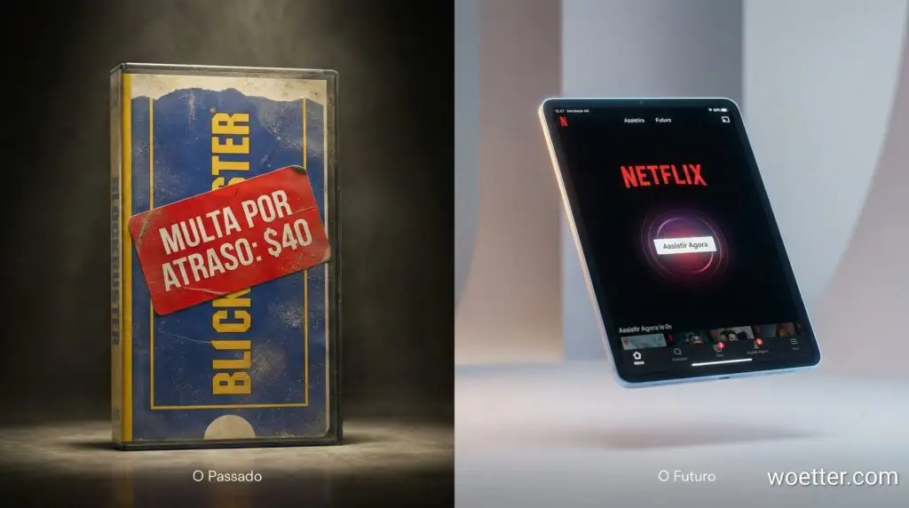 Uma montagem em tela dividida comparando eras do consumo de mídia. À esquerda, sobre um fundo escuro e intitulada "The Past" (O Passado), vê-se uma fita VHS estilo Blockbuster em pé, empoeirada e gasta, com uma etiqueta vermelha agressiva colada na frente onde se lê "LATE FEE: $40" (Multa por Atraso: $40). À direita, sobre um fundo claro e intitulada "The Future" (O Futuro), um tablet moderno flutua no ar, exibindo uma interface limpa da Netflix com um botão "Watch Now" (Assistir Agora) brilhando na tela.