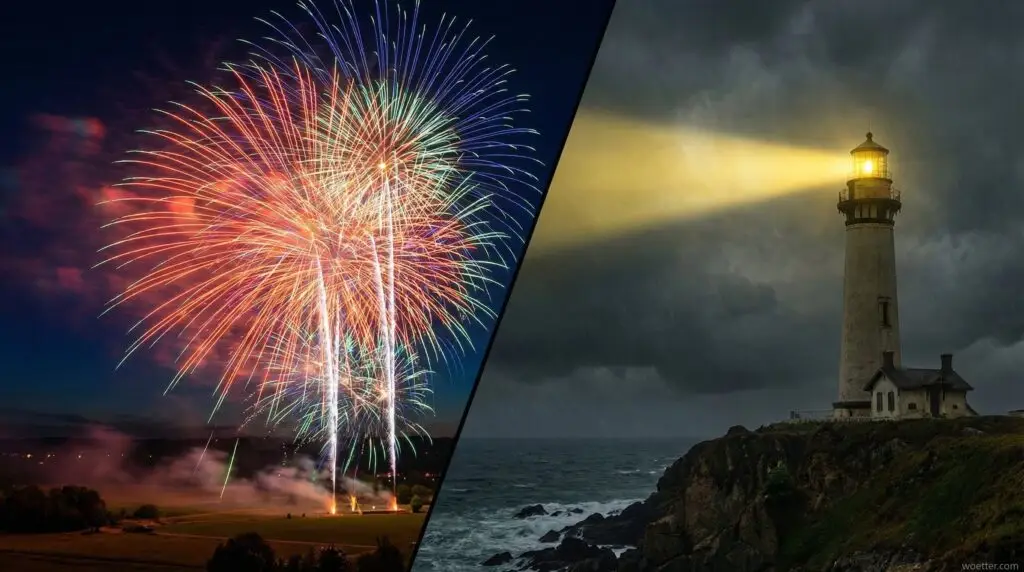 Uma imagem artística dividida ao meio comparando dois conceitos. O lado esquerdo, representando 'Intensidade', exibe uma explosão magnífica e colorida de fogos de artifício preenchendo o céu noturno. O lado direito, representando 'Consistência', mostra um farol antigo e firme sobre um penhasco, projetando um feixe de luz amarela constante através de uma tempestade escura e mar agitado. Estilo cinemático e realista de alta definição.