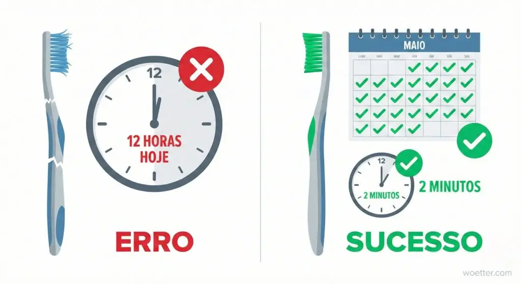 Ilustração vetorial minimalista em estilo plano sobre fundo branco, dividida verticalmente em dois cenários comparativos. À esquerda, sob o título "ERRO" em vermelho, vê-se uma escova de dentes azul gasta e quebrada ao meio, ao lado de um relógio marcando o texto "12 HORAS HOJE" com um ícone de "X" vermelho, simbolizando esforço acumulado ineficaz. À direita, sob o título "SUCESSO" em verde, há uma escova de dentes nova e verde, um calendário azul com todos os dias marcados com vistos verdes e um relógio indicando "2 MINUTOS" com um ícone de confirmação verde, simbolizando a eficácia da constância diária.
