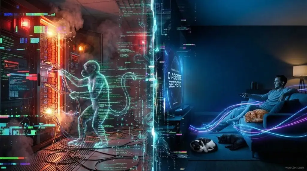 Imagem dividida ao meio em duas cenas contrastantes com estética cyberpunk. À esquerda, uma sala de servidores caótica com fumaça, faíscas e luzes de alerta vermelhas. Um macaco holográfico, feito de código verde brilhante, puxa violentamente os cabos dos servidores. Uma parede de falhas digitais (glitches) separa as duas metades. À direita, uma sala de estar calma e escura iluminada por uma suave luz azul. Um homem sorri relaxado no sofá, segurando um controle remoto e assistindo ao filme "THE SECRET AGENT" na TV. Três gatos descansam com ele: um gato laranja no sofá, e um gato preto e um preto e branco (frajola) no tapete. Feixes de luz neon em tons de azul e roxo fluem suavemente pelo ambiente da sala.