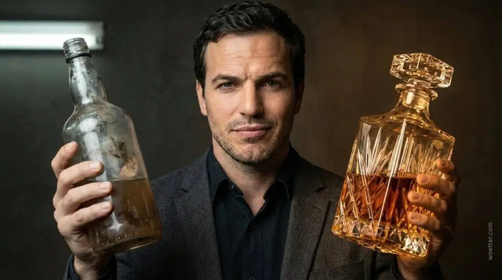 Um homem vestindo um paletó cinza e camisa escura olha diretamente para a câmera com uma leve expressão de ironia e dúvida. Ele segura duas garrafas contrastantes. Em sua mão direita (à esquerda de quem vê), sob uma luz fria e pálida, ele segura uma garrafa de vidro suja e embaçada contendo um líquido marrom e turvo. Em sua mão esquerda (à direita de quem vê), iluminada por uma luz quente e aconchegante, ele segura um luxuoso decanter de cristal trabalhado, cheio de um uísque dourado e brilhante. A iluminação do fundo acompanha esse contraste, variando de tons frios e escuros de um lado a tons quentes e amarelados do outro.