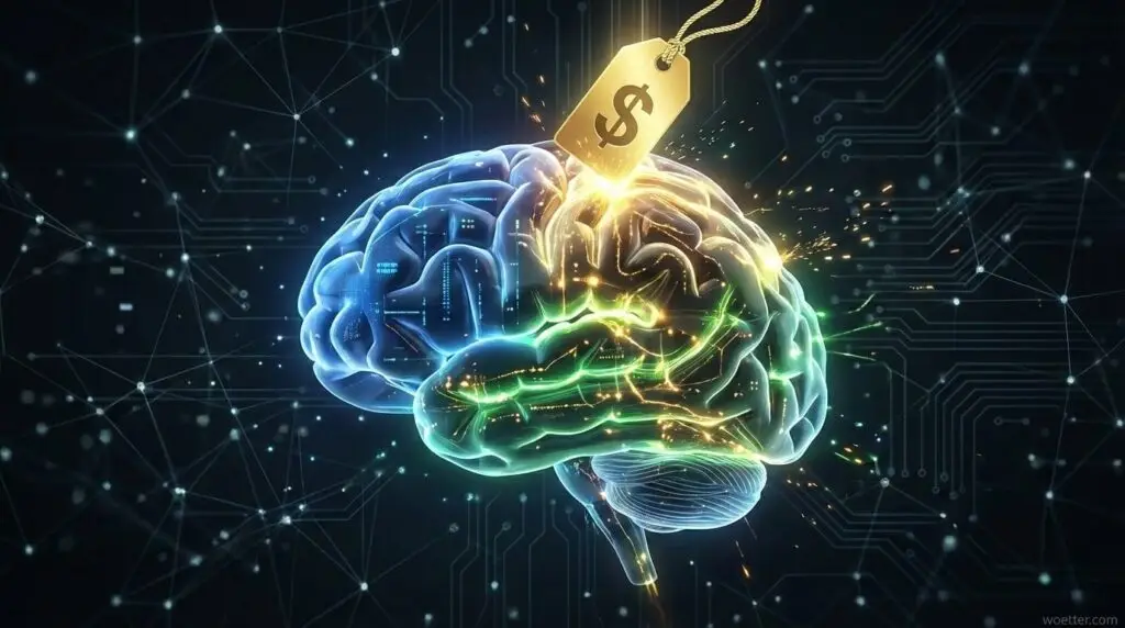 Uma ilustração digital 3D estilizada de um cérebro humano transparente brilhando com luz interna, contra um fundo escuro de redes de dados abstratas e padrões de circuitos. Uma etiqueta de preço dourada com um símbolo de cifrão ($) está caindo sobre o topo do cérebro. No ponto de contato, os caminhos neurais se acendem instantaneamente em cores douradas e verdes vibrantes, espalhando-se pelas seções central e traseira do cérebro, contornando o lobo frontal azulado. Faíscas voam do ponto de impacto.