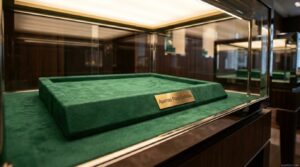 Fotografia em close de uma vitrine de vidro em uma relojoaria de luxo. Dentro da vitrine, há um expositor de veludo verde escuro completamente vazio. Na frente do expositor, repousa uma pequena placa dourada com a inscrição "Apenas Para Exibição". A iluminação direcional e quente destaca a textura do veludo e a ausência do relógio.