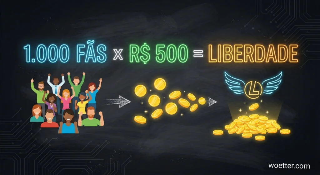 Uma ilustração vetorial limpa sobre um fundo de quadro-negro escuro com linhas de circuito abstratas. No topo, a equação em estilo neon brilhante: "1.000 FÃS" (azul) x "R$ 500" (verde) = "LIBERDADE" (laranja). Abaixo, um grupo diverso de fãs em poses de celebração é conectado por uma seta que aponta para moedas de ouro caindo e se acumulando em uma pilha. Outra seta leva da pilha de moedas para um símbolo "L" alado e brilhante, com um halo de luz, representando a liberdade. As moedas e o símbolo alado também têm um brilho dourado.