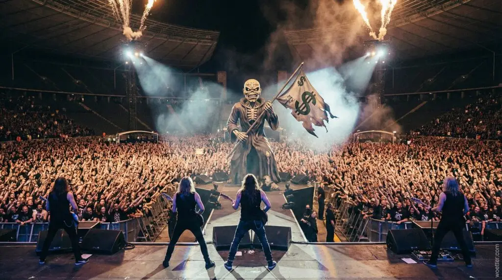 Uma fotografia grande angular tirada do palco de um estádio lotado à noite, mostrando a banda Iron Maiden tocando. Três guitarristas, de costas, e um baterista estão no primeiro plano. Atrás deles, um mascote Eddie gigante, encapuzado, segura uma bandeira com um símbolo de cifrão ($). Milhares de fãs com as mãos para o alto preenchem o campo e as arquibancadas sob luzes de palco dramáticas, fumaça e explosões pirotécnicas.