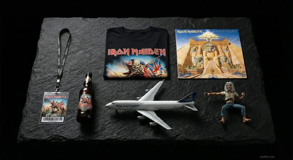 Uma coleção organizada de produtos do Iron Maiden sobre uma superfície de pedra escura, estilo "knolling". Inclui um crachá VIP com cordão, uma garrafa de cerveja Trooper, uma camiseta preta com a arte de "The Trooper", um disco de vinil do álbum "Powerslave", um modelo em miniatura do avião "Ed Force One" e um boneco de ação do Eddie da capa de "Powerslave".