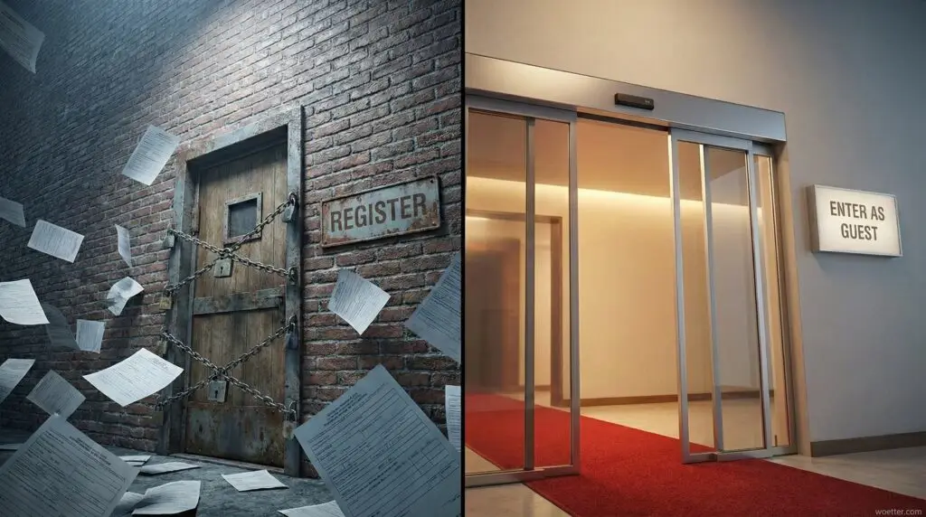 A split-screen composition shows two contrasting entrances. The left side, under a cool blue light, features a weathered brick wall with a heavily reinforced, rusted metal door secured by thick chains and multiple padlocks. A rusted metal sign above the door reads "REGISTER". Numerous white forms and papers are flying through the air and scattered on the ground. The right side, under warm golden light, shows a modern, open automatic sliding glass door with a red carpet leading inside. A clean, illuminated sign on the wall reads "ENTER AS GUEST". The division emphasizes the difference between difficult, bureaucratic access and easy, welcoming entry.