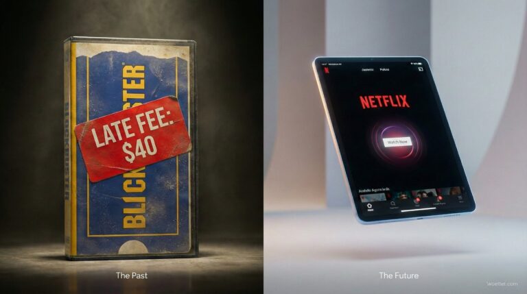 A split-screen composition contrasting media consumption eras. On the left, set against a dark background and labeled "The Past," stands a weathered, dusty blue and yellow VHS tape featuring a large red sticker that reads "LATE FEE: $40." On the right, set against a clean, soft-lit background and labeled "The Future," a sleek, modern tablet floats in mid-air, displaying a crisp Netflix interface with a glowing "Watch Now" button.