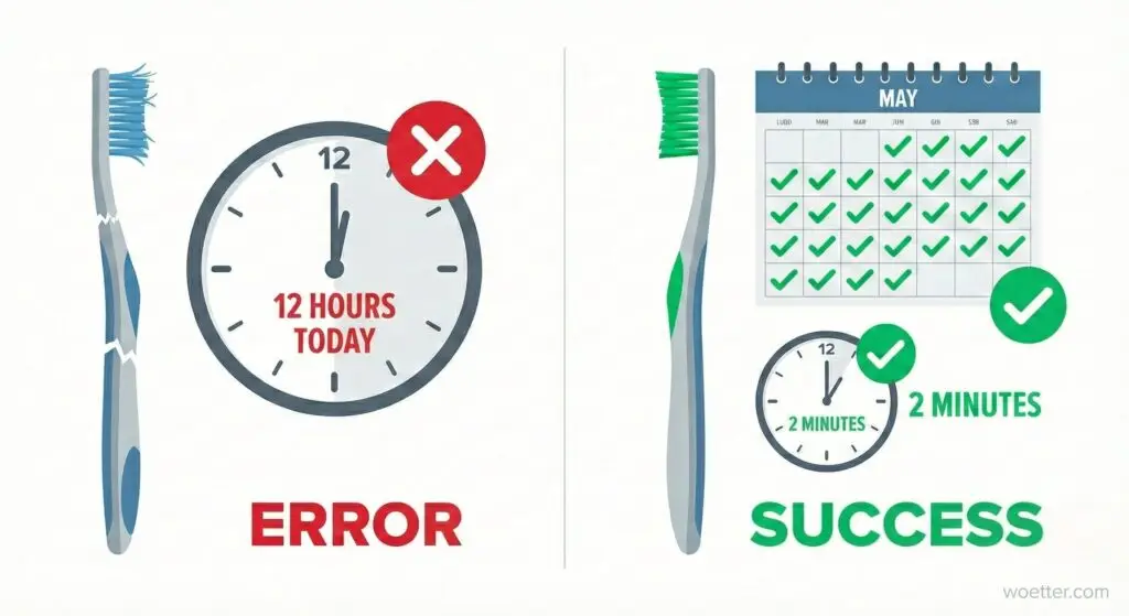 Minimalist flat vector illustration on a white background, split vertically into two comparative scenarios. On the left, labeled "ERRO" (Error) in red, is a worn-out, broken blue toothbrush next to a clock reading "12 HORAS HOJE" (12 hours today) with a red "X" icon, symbolizing ineffective accumulated effort. On the right, labeled "SUCESSO" (Success) in green, is a new green toothbrush, a blue calendar with green checkmarks on every day, and a clock indicating "2 MINUTOS" (2 minutes) with a green checkmark icon, symbolizing the effectiveness of daily consistency.