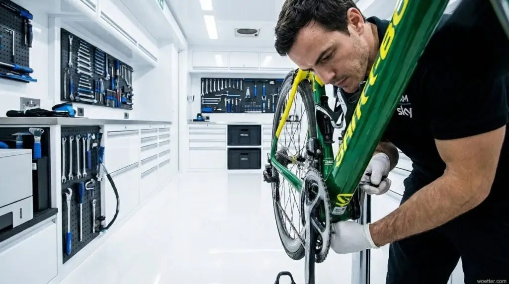 Um homem de pele clara e cabelo escuro curto, vestindo uma camiseta preta da Team Sky e luvas brancas, está agachado ajustando a corrente de uma bicicleta de corrida verde e amarela. Ele está trabalhando dentro de uma oficina móvel de alta tecnologia, com piso branco brilhante, iluminação clínica fria e paredes repletas de painéis de ferramentas meticulosamente organizados.
