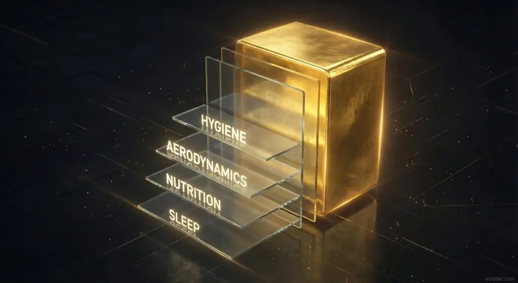 Stylized 3D infographic set against a dark background. The image displays four thin, translucent, glass-like layers stacked vertically in a diagonal perspective. Each layer features a glowing word in uppercase letters; reading from bottom to top: "SLEEP", "NUTRITION", "AERODYNAMICS", and "HYGIENE". Behind these transparent layers, acting as a foundation or the aggregate result, stands a solid, thick, textured block of gold. The lighting accentuates the gold's sheen and the reflection of the text on the glass layers.