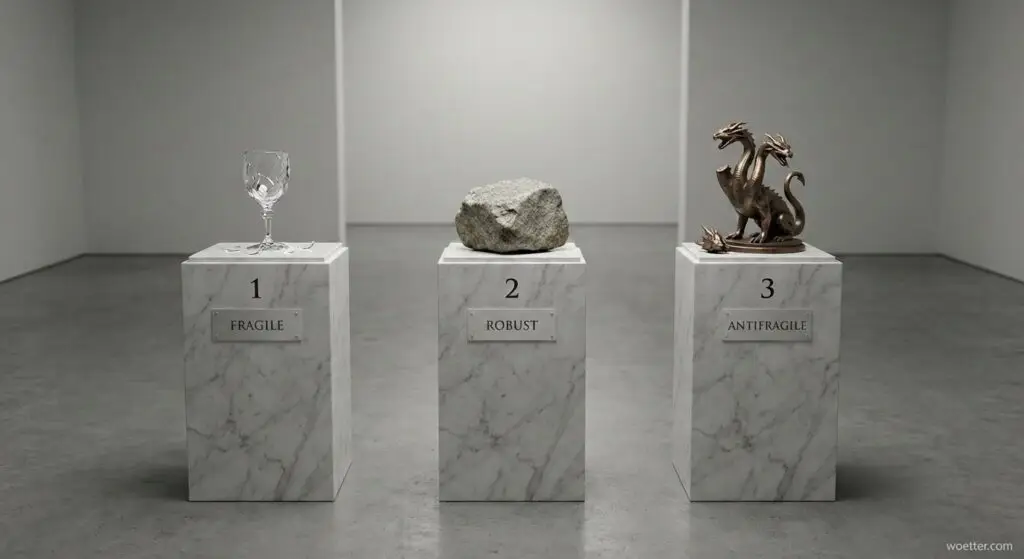 Realistic 3D rendering of a minimalist museum gallery featuring three white marble pedestals lined up side by side. The first pedestal, on the left, has a plaque reading "1 FRAGILE" and holds a shattered crystal goblet. The second pedestal, in the center, has a plaque reading "2 ROBUST" and displays a rough, intact granite stone. The third pedestal, on the right, has a plaque reading "3 ANTIFRAGILE" and showcases a small bronze statue of a Hydra; a severed head lies at the base, while two new heads are sprouting from the cut neck.