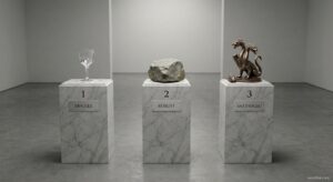 Realistic 3D rendering of a minimalist museum gallery featuring three white marble pedestals lined up side by side. The first pedestal, on the left, has a plaque reading "1 FRAGILE" and holds a shattered crystal goblet. The second pedestal, in the center, has a plaque reading "2 ROBUST" and displays a rough, intact granite stone. The third pedestal, on the right, has a plaque reading "3 ANTIFRAGILE" and showcases a small bronze statue of a Hydra; a severed head lies at the base, while two new heads are sprouting from the cut neck.